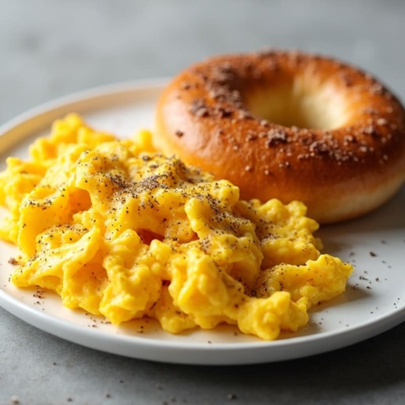 Fluffy Scrambled Eggs with Crispy Turkey Rashers and Toasted Cinnamon Raisin Bagel