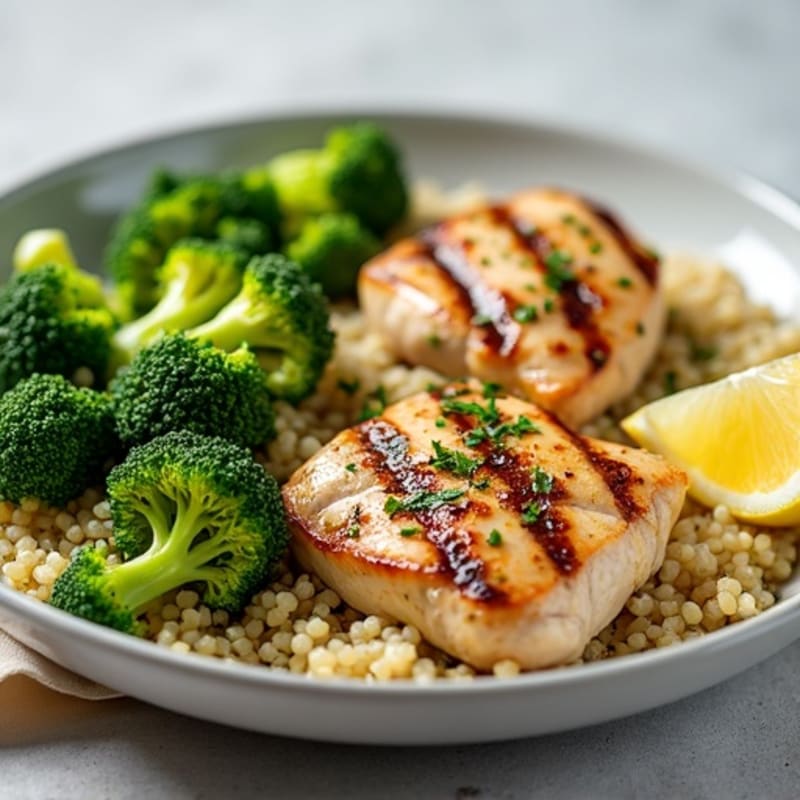 Grilled Chicken Thigh and Quinoa Salad with Roasted Broccoli
