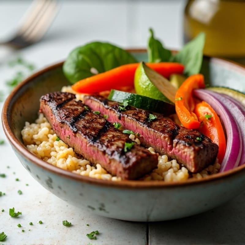Grilled Beef and Roasted Vegetable Rice Bowl