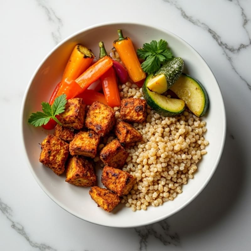 Crispy Tempeh and Quinoa Power Bowl with Roasted Vegetables