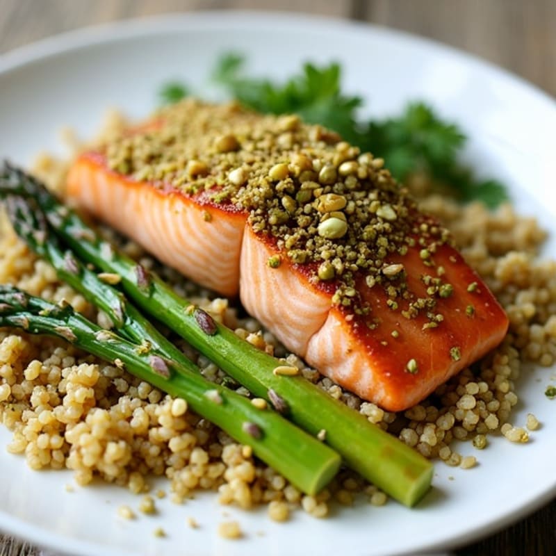 Pistachio-Crusted Salmon with Roasted Asparagus and Lemon-Herb Quinoa