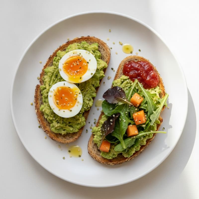 Egg and Avocado Toast with Mixed Greens and Tomato Jam