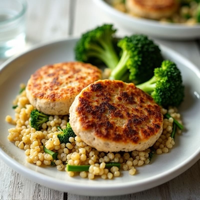 Seared Turkey Patties with Roasted Broccoli and Quinoa