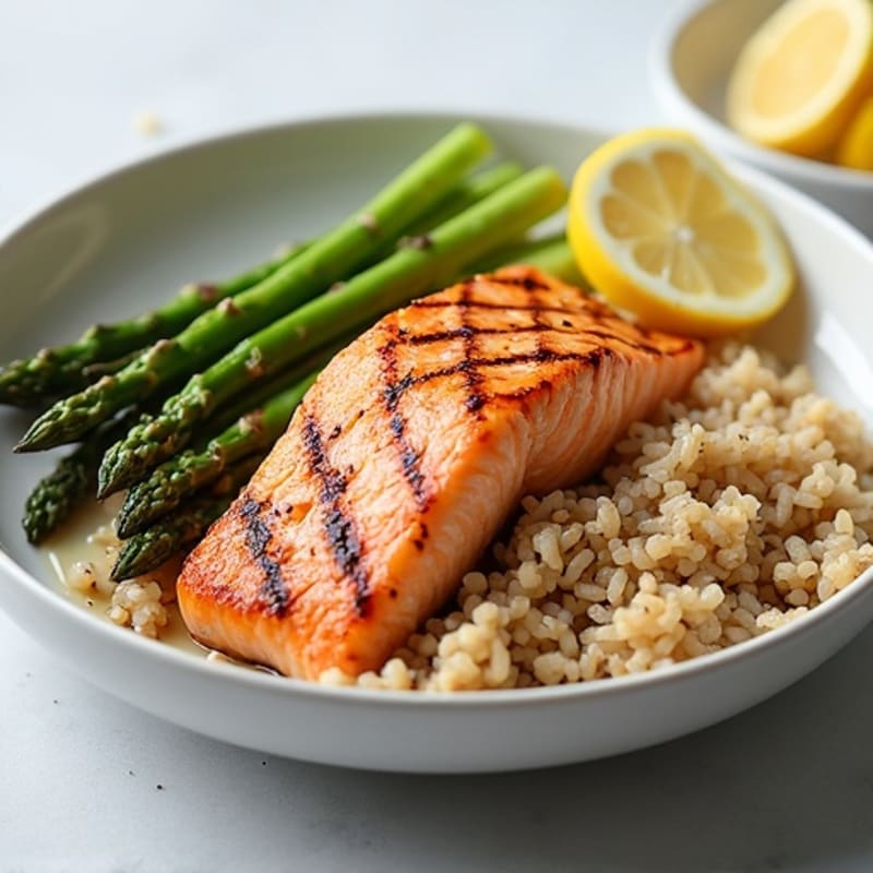 Seared Salmon with Steamed Asparagus and Brown Rice