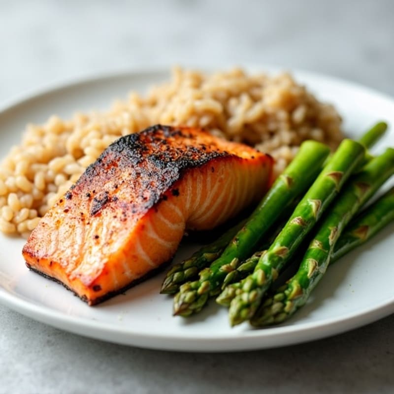 Seared Salmon Fillet with Steamed Asparagus and Brown Rice