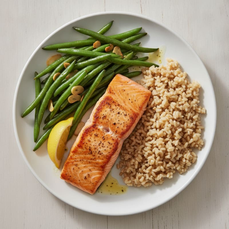 Seared Salmon with Garlic Green Beans and Brown Rice