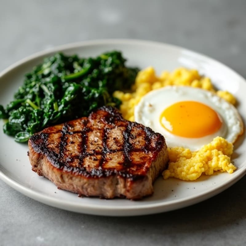 Pan-Seared Steak with Fluffy Scrambled Eggs and Sautéed Spinach