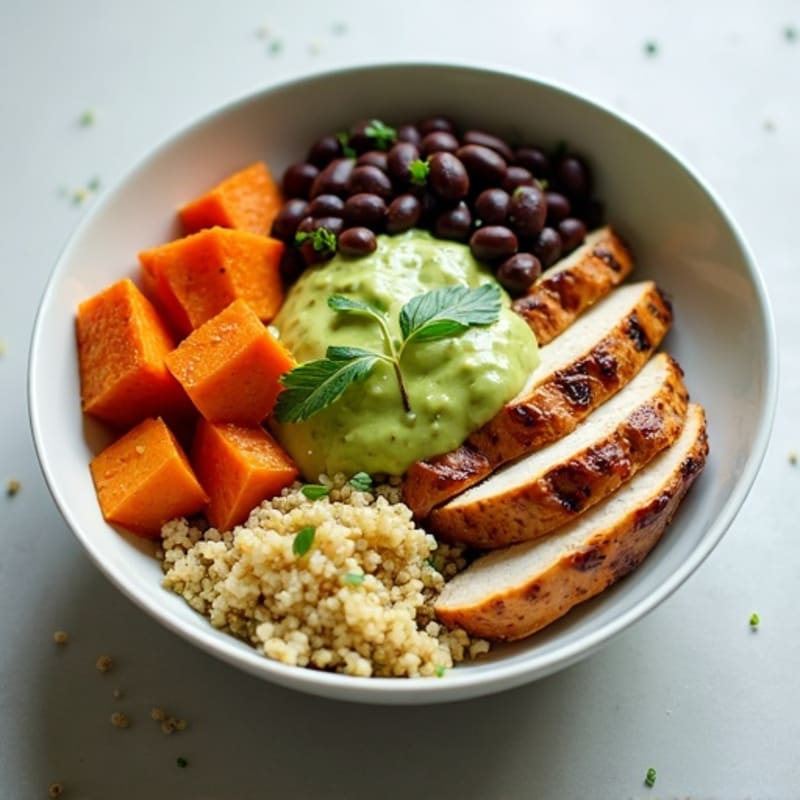 Roasted Sweet Potato and Black Bean Bowl with Creamy Avocado Dressing