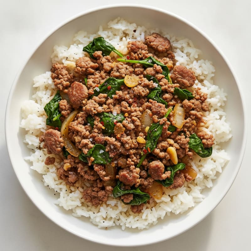 Ground Beef and Spinach Rice Bowl