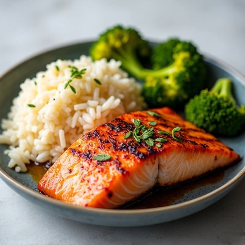 Grilled Salmon with Crispy Garlic Rice and Roasted Broccoli