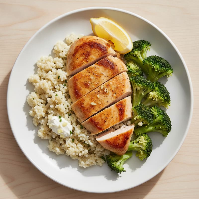 Seared Chicken Breast with Creamy Garlic Quinoa and Steamed Broccoli