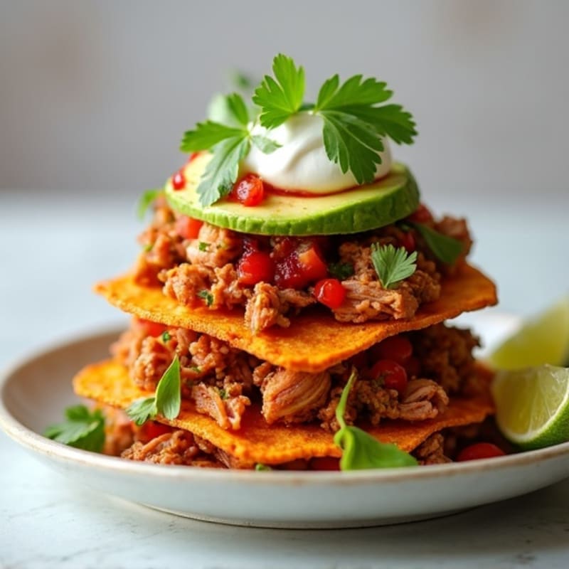 Crispy Sweet Potato Pulled Pork Nacho Stack