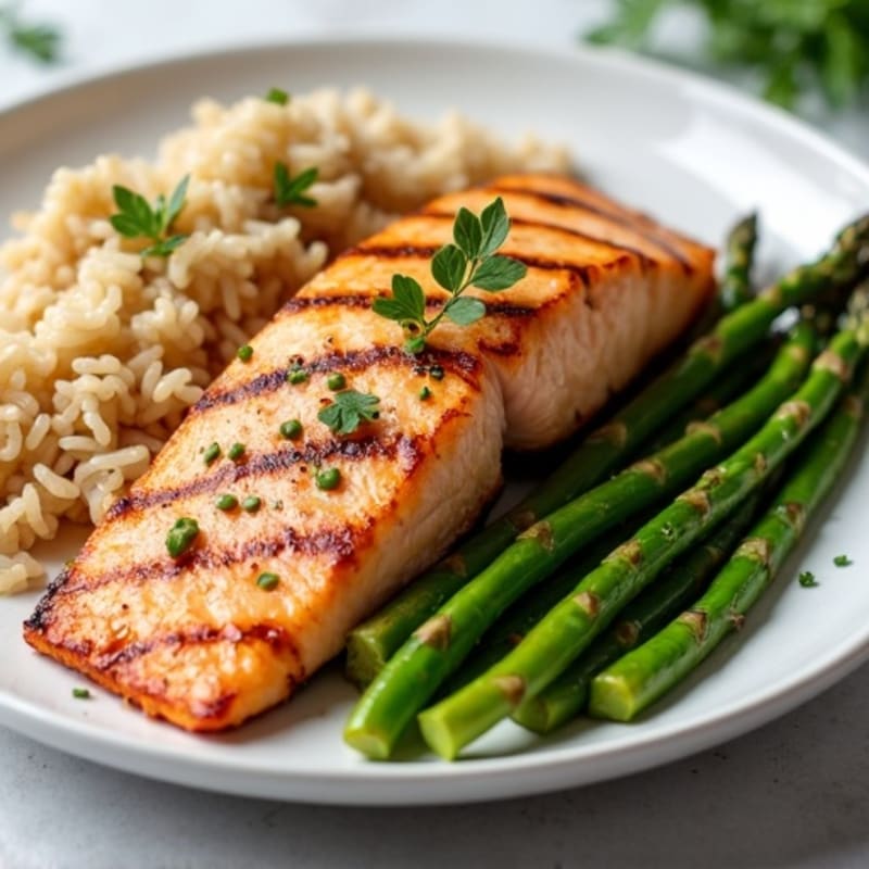 Grilled Salmon with Steamed Asparagus and Brown Rice