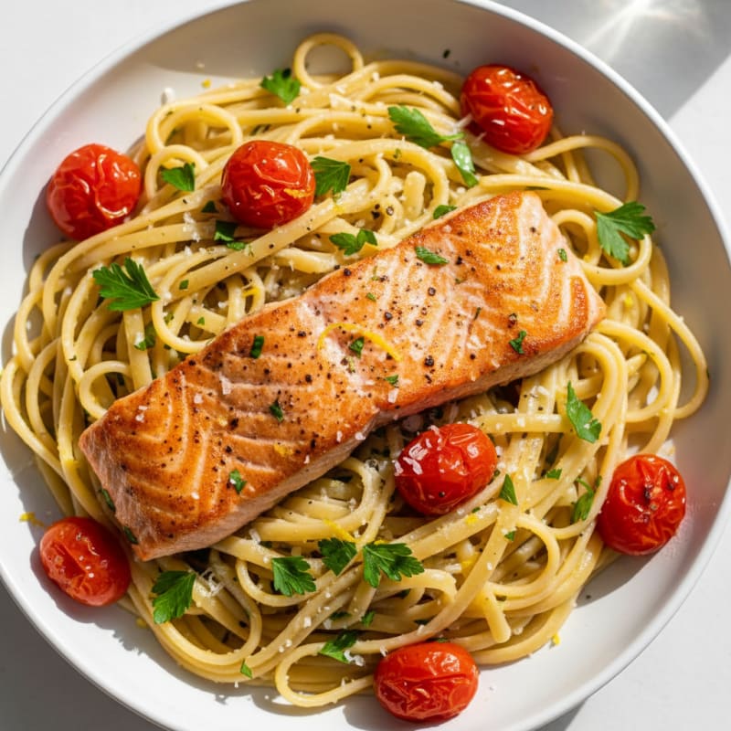 Lemon-Herb Salmon Linguine with Roasted Tomatoes