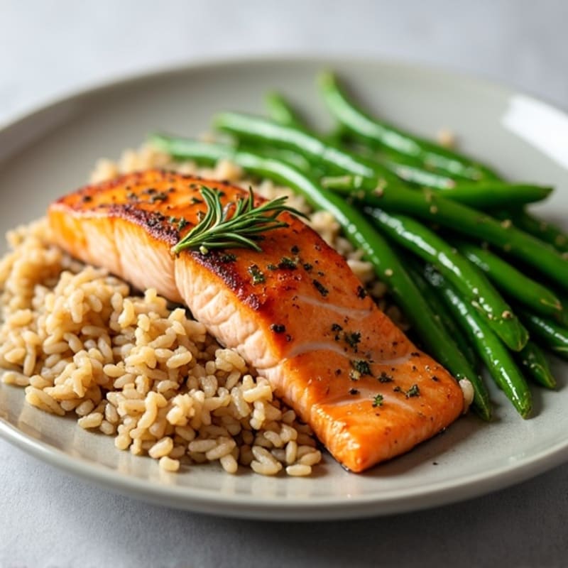 Herb-Roasted Salmon with Garlic Green Beans and Brown Rice