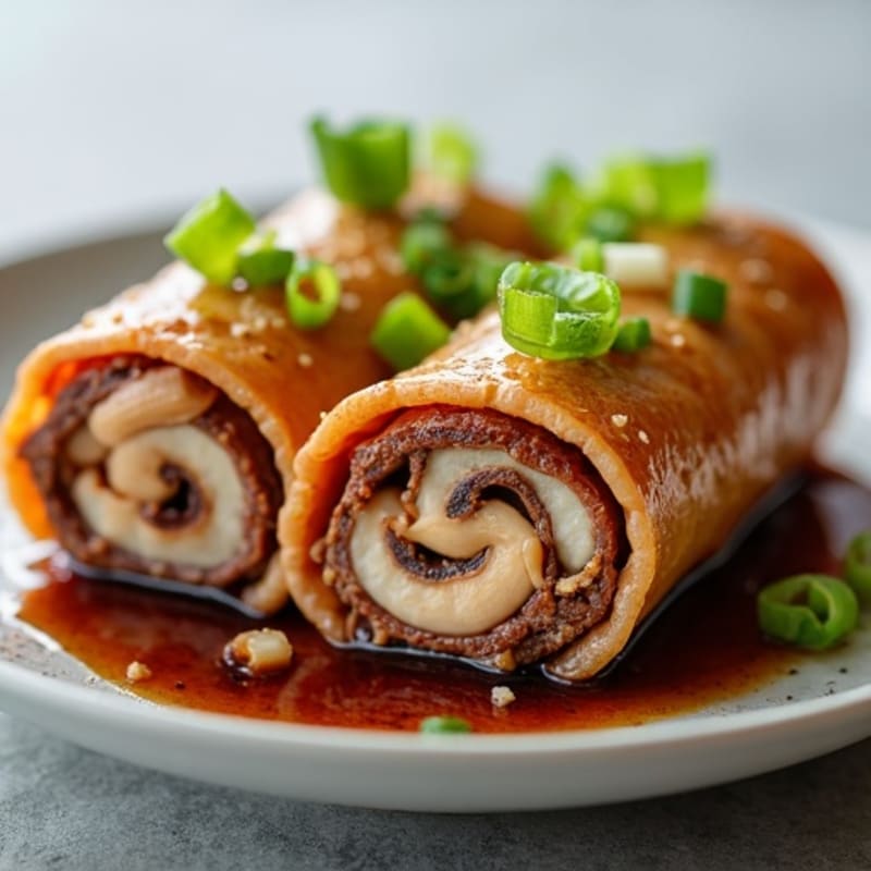 Garlic-Ginger Pan-Seared Beef and Enoki Mushroom Rolls