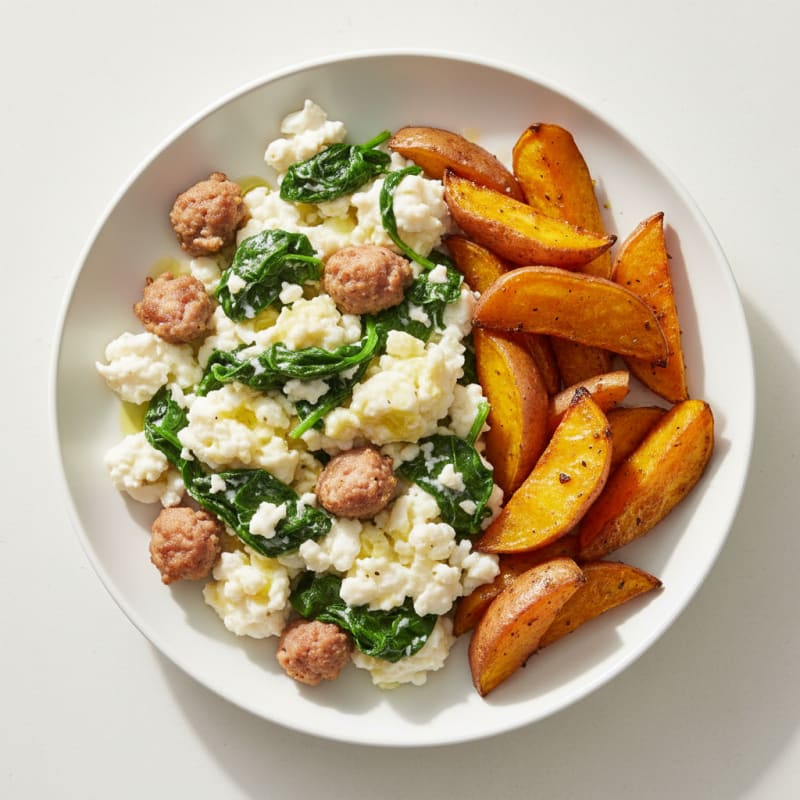 Egg White Spinach Scramble with Turkey Sausage and Roasted Sweet Potatoes