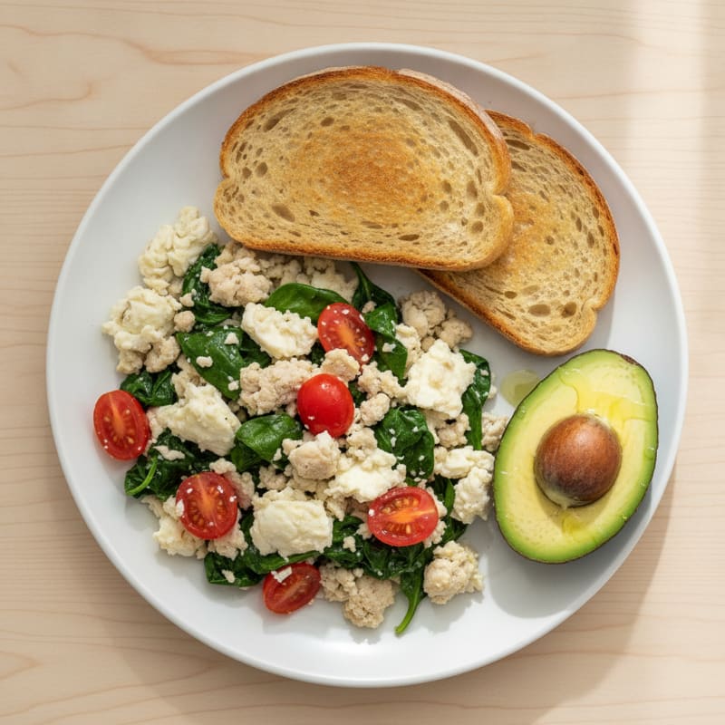 Egg White and Turkey Sausage Scramble with Spinach and Tomatoes