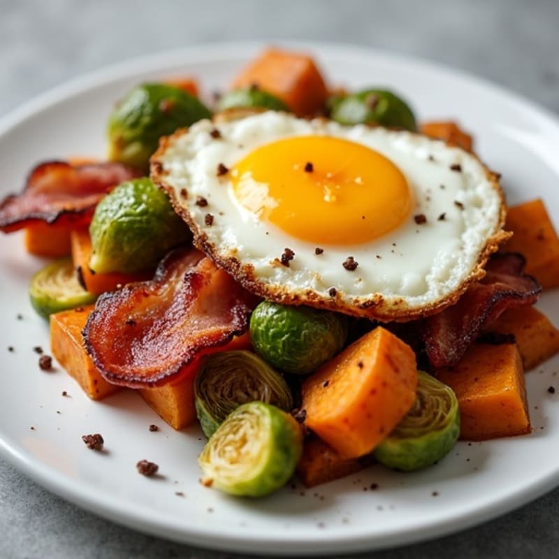 Crispy Turkey Bacon and Roasted Brussels Sprouts with Sweet Potatoes