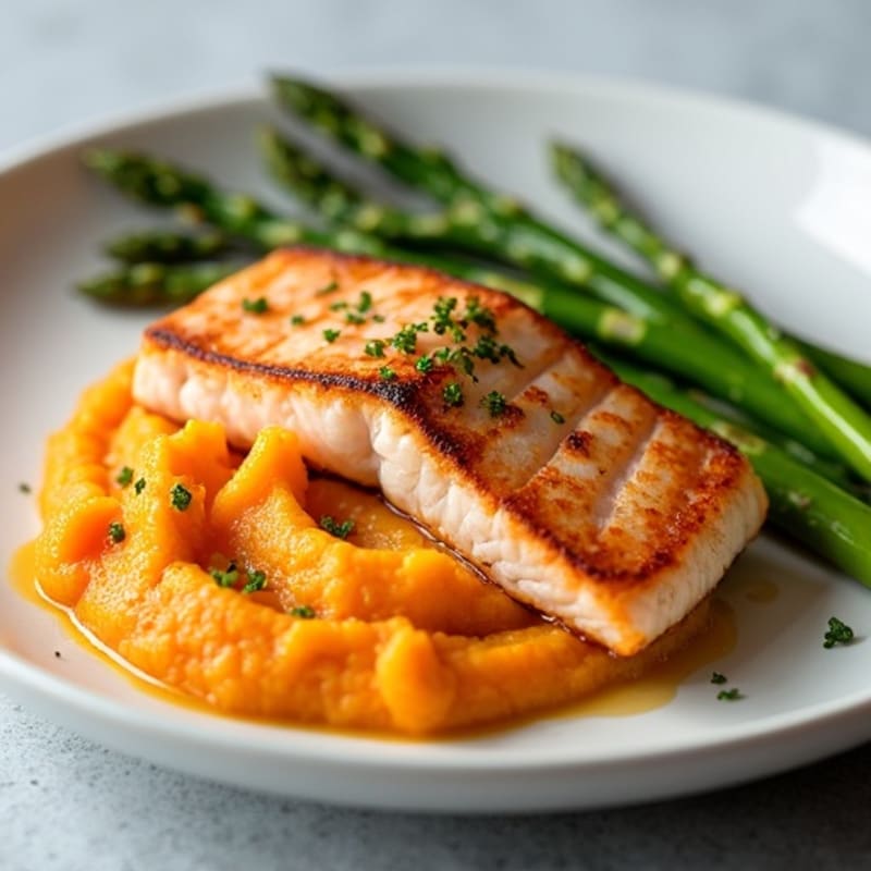 Pan-Seared Salmon with Roasted Asparagus and Sweet Potato Mash
