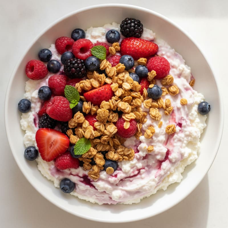 Greek Yogurt Protein Bowl with Mixed Berries and Milk