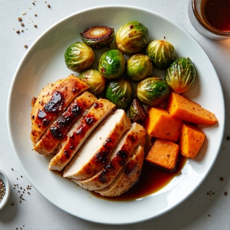 Balsamic Glazed Chicken and Crispy Brussels Sprouts with Roasted Sweet Potatoes
