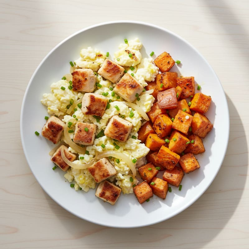 Egg White and Chicken Scramble with Roasted Sweet Potato