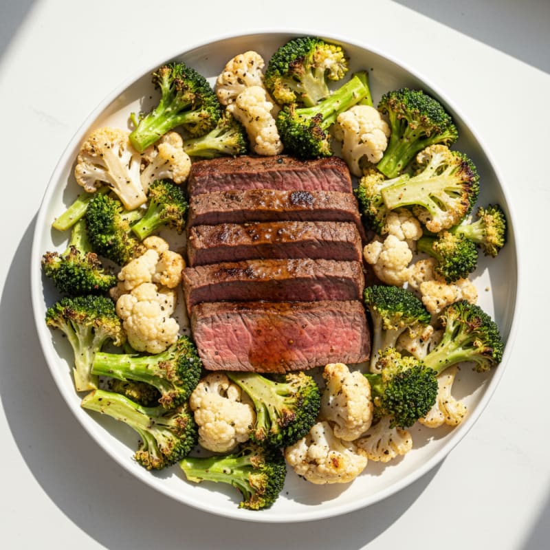 Seared Lean Beef with Roasted Broccoli and Cauliflower