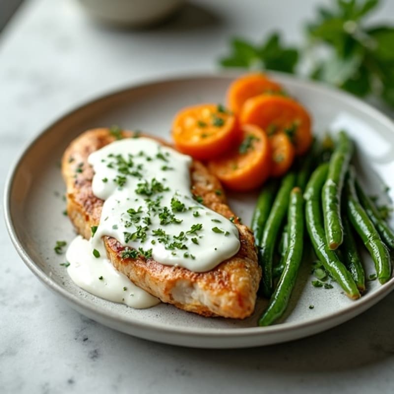 Creamy Herb Chicken with Roasted Sweet Potatoes and Green Beans