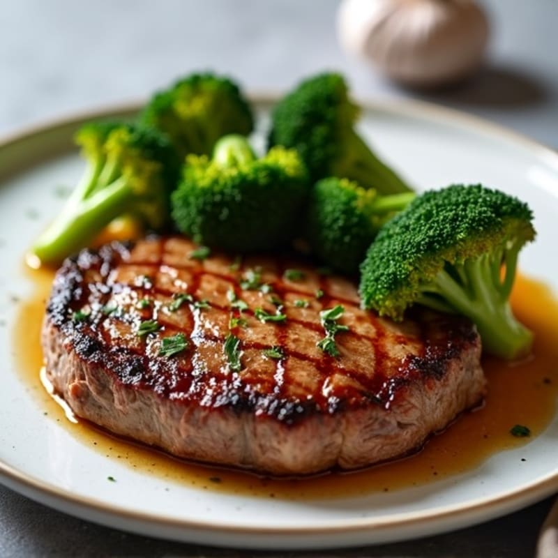 Juicy Pan-Seared Steak with Garlic Roasted Broccoli