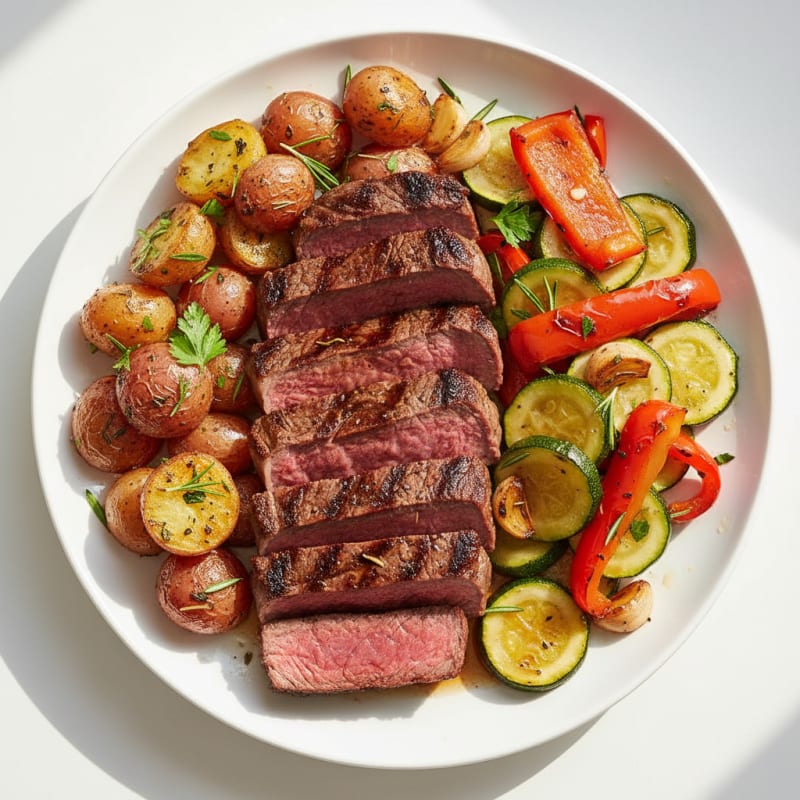 Grilled Beef Strip Steak with Herb Roasted Potatoes and Sautéed Vegetables
