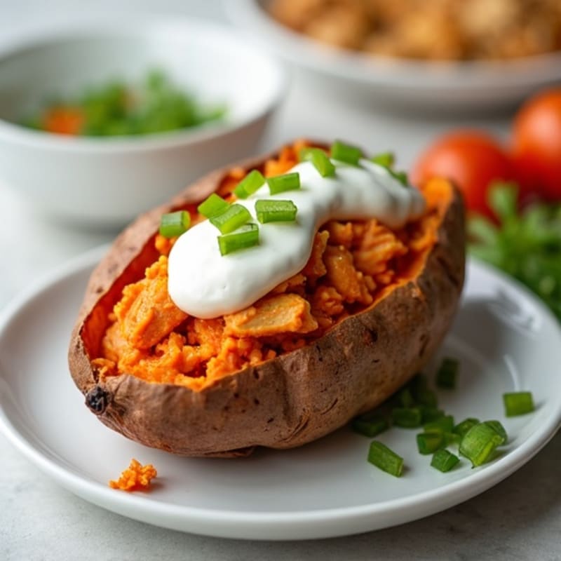 Creamy Buffalo Chicken Stuffed Sweet Potatoes