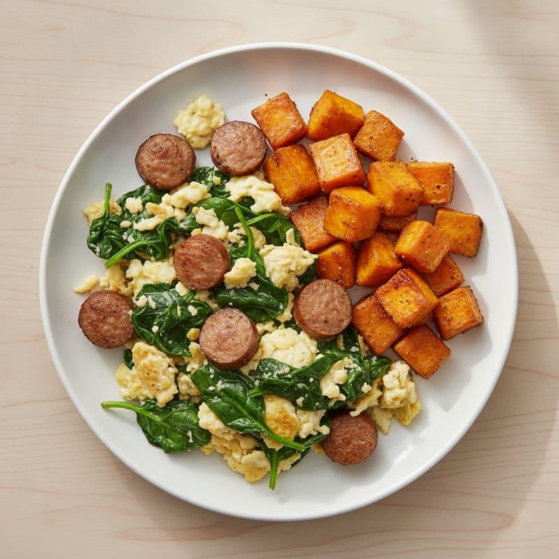 Egg White Spinach Scramble with Turkey Sausage and Roasted Sweet Potato