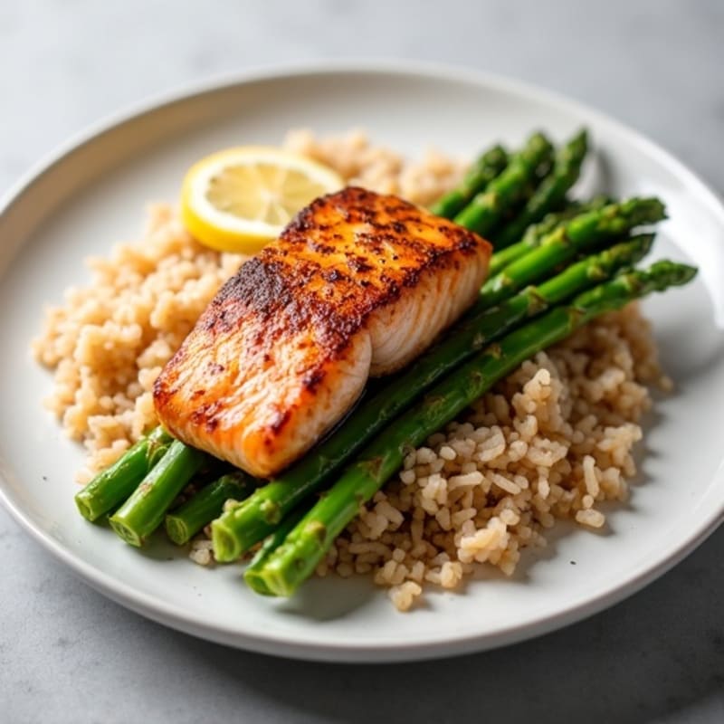 Seared Salmon with Steamed Asparagus and Brown Rice