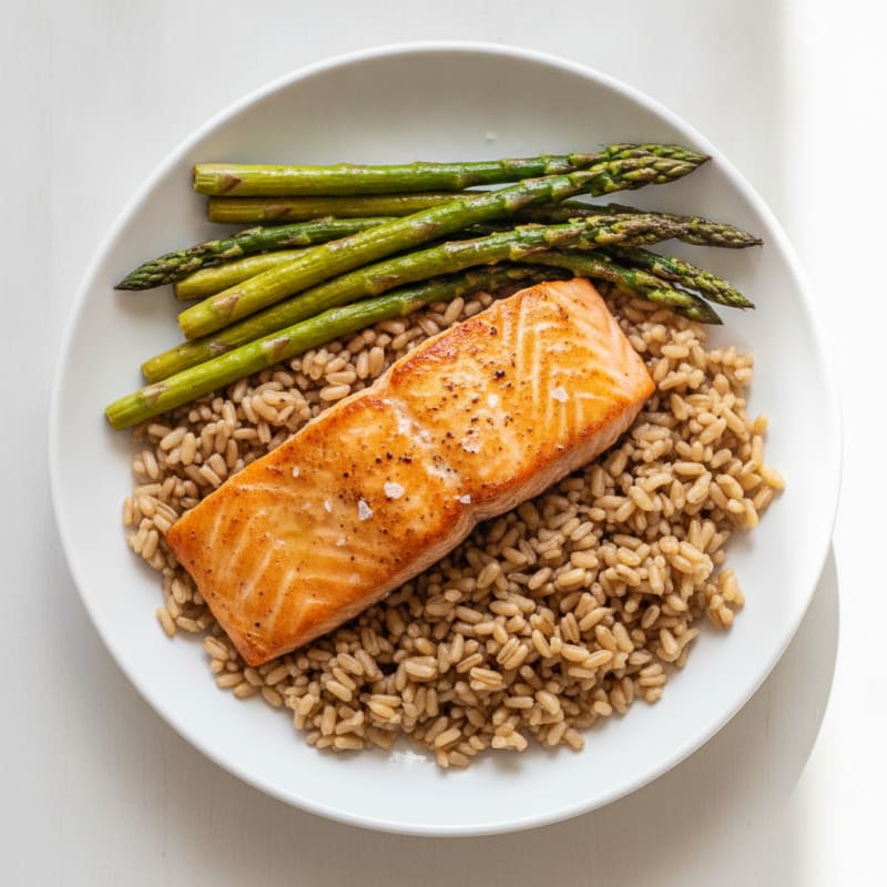 Seared Salmon with Roasted Asparagus and Brown Rice