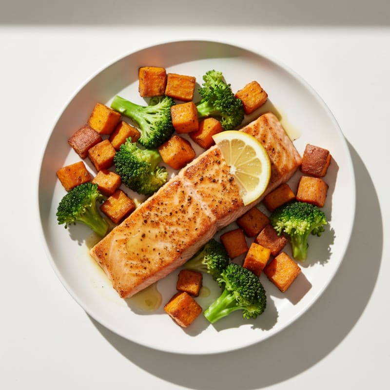 Seared Salmon with Roasted Sweet Potatoes and Steamed Broccoli