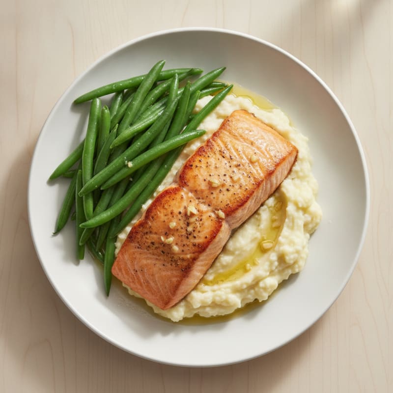 Seared Salmon with Steamed Green Beans and Garlic Mashed Cauliflower
