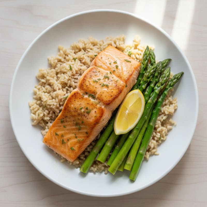 Seared Salmon with Steamed Asparagus and Brown Rice