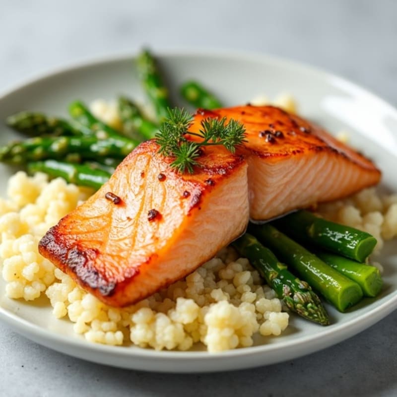 Seared Salmon with Steamed Asparagus and Cauliflower Rice