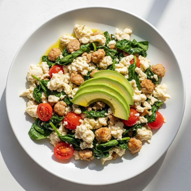 Egg White and Turkey Sausage Scramble with Spinach and Tomatoes