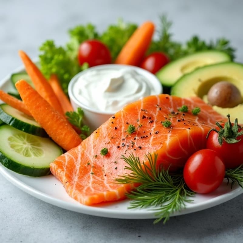 Smoked Salmon Protein Plate with Creamy Dill Greek Yogurt and Fresh Crispy Vegetables