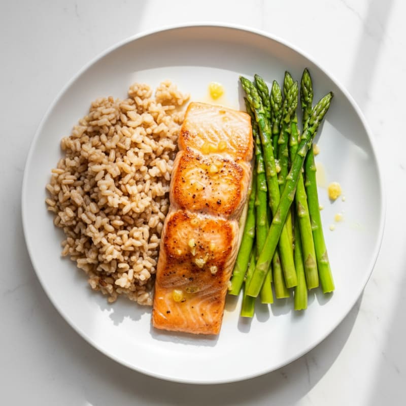 Seared Salmon with Steamed Asparagus and Brown Rice