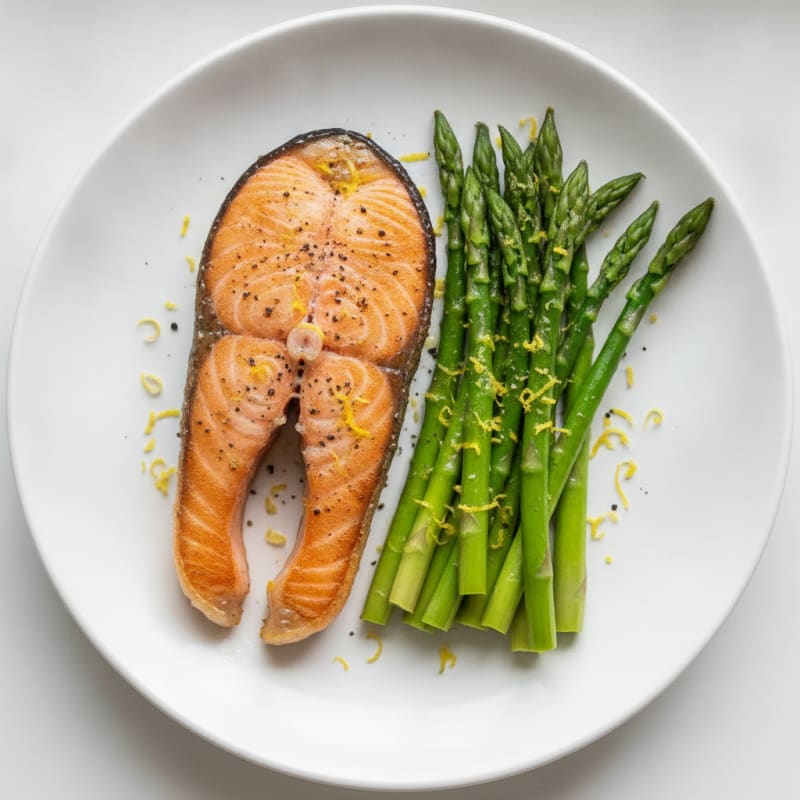 Seared Salmon Fillet with Steamed Asparagus and Lemon Zest