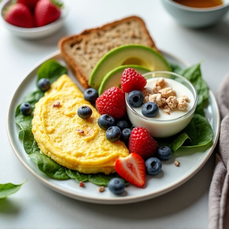 Egg White Spinach Omelette with Greek Yogurt and Fresh Berries