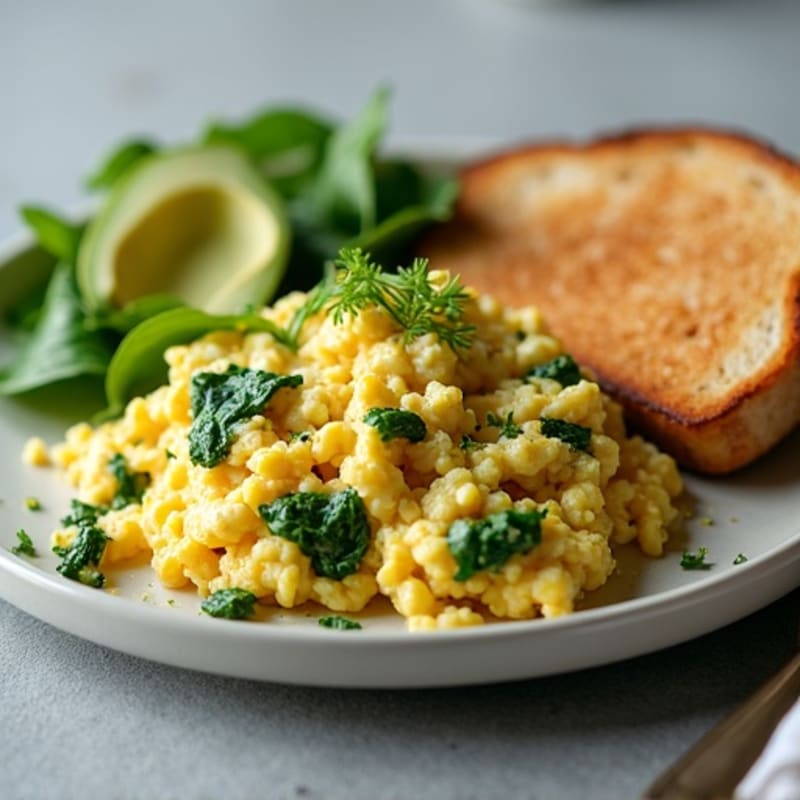 Scrambled Eggs with Spinach and Grilled Chicken Breast