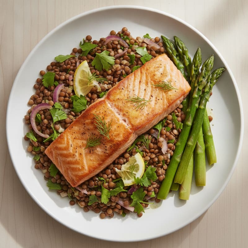 Seared Salmon Fillet with Lentil Salad and Steamed Asparagus