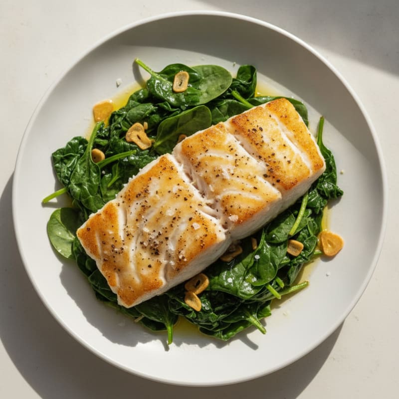 Seared Cod Fillet with Garlicky Spinach