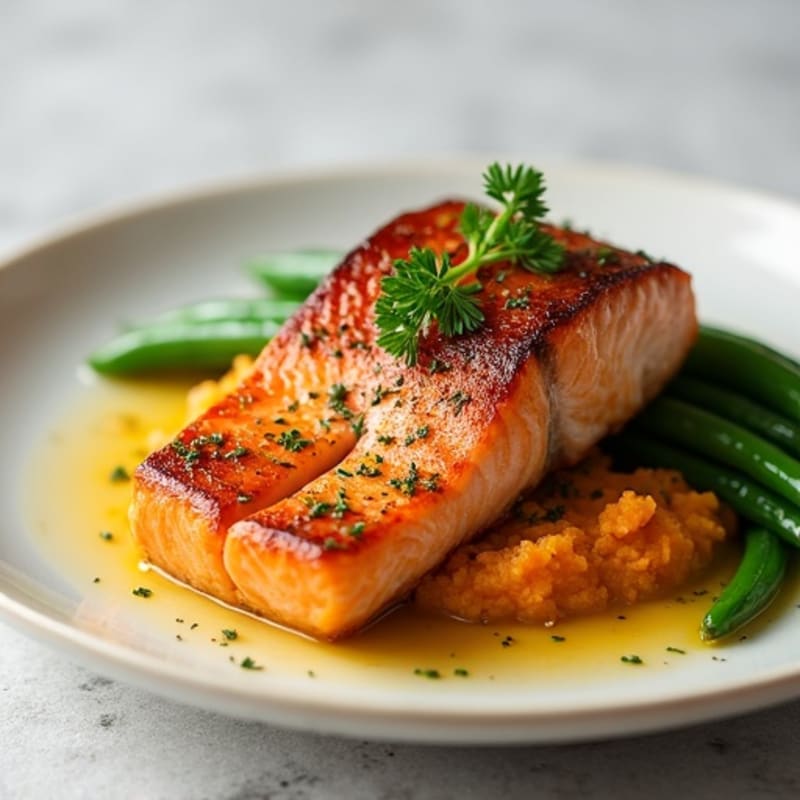 Seared Salmon with Steamed Green Beans and Sweet Potato Mash