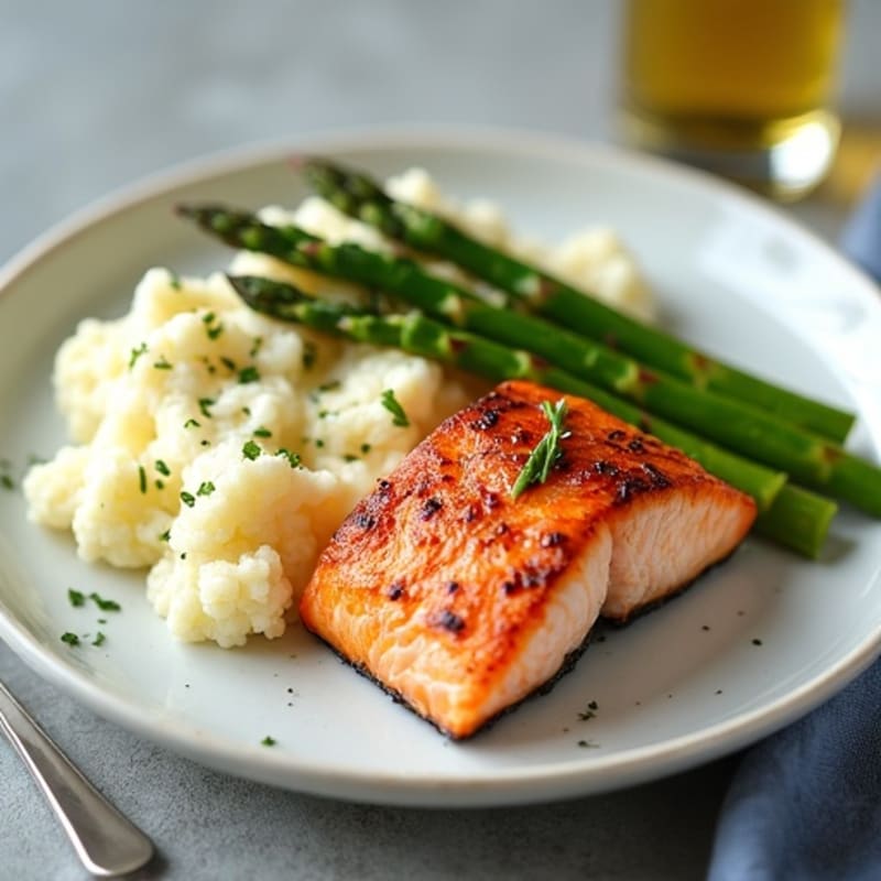 Seared Salmon with Roasted Asparagus and Cauliflower Mash