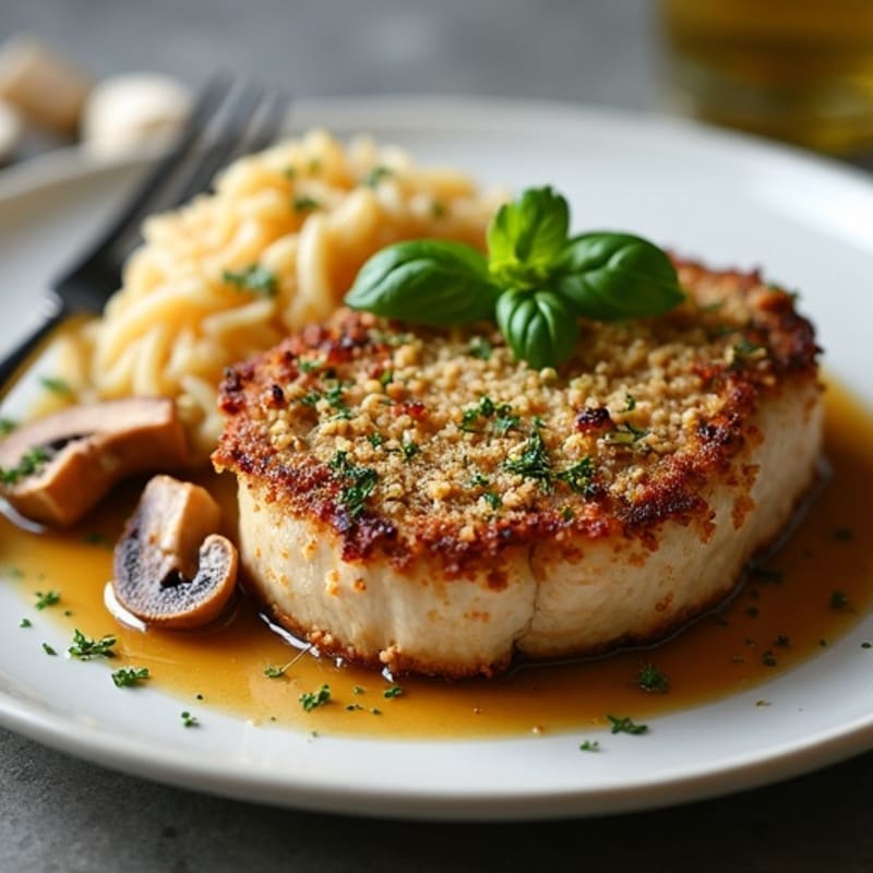 Herb-Crusted Pan Seared Pork Chops with Garlic Mushroom Sauce